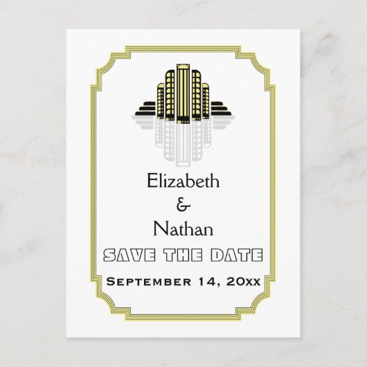 Art Deco schwarz-gelbe Hochzeit Sichern des Datums Ankündigungspostkarte (Vorderseite)