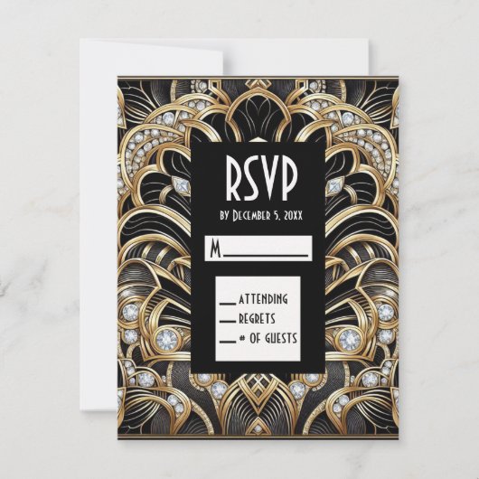 Art Deco Schwarz & Gold Diamant RSVP Karten (Vorderseite)