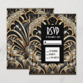 Art Deco Schwarz & Gold Diamant RSVP Karten (Vorne/Hinten)