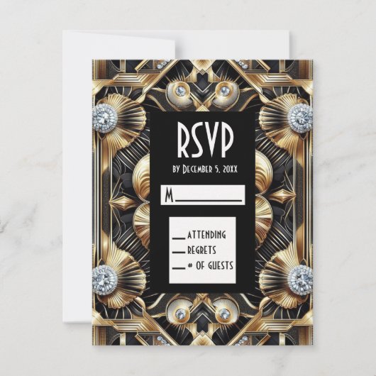 Art Deco Schwarz & Gold Diamant RSVP Karten (Vorderseite)