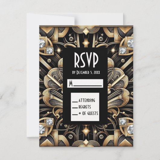 Art Deco Schwarz & Gold Diamant RSVP Karten (Vorderseite)