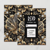 Art Deco Schwarz & Gold Diamant RSVP Karten (Vorne/Hinten)