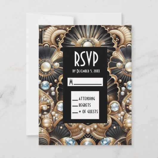 Art Deco Schwarz & Gold Diamant RSVP Karten (Vorderseite)