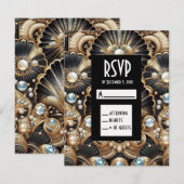 Art Deco Schwarz & Gold Diamant RSVP Karten (Vorne/Hinten)