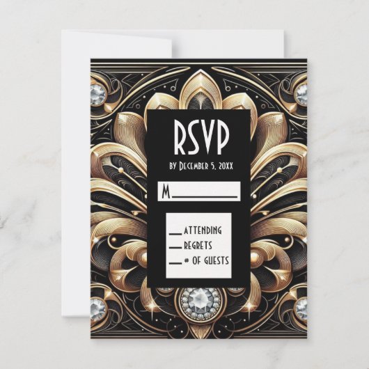 Art Deco Schwarz & Gold Diamant RSVP Karten (Vorderseite)