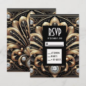 Art Deco Schwarz & Gold Diamant RSVP Karten (Vorne/Hinten)