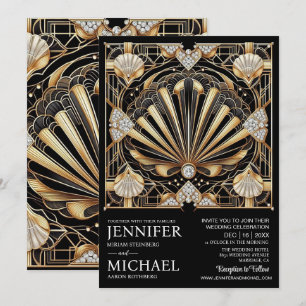 Art Deco Schwarz & Gold Diamantene Hochzeits-Einla Einladung