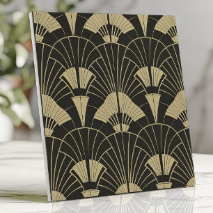 Art Deco Schwarz-Gold-Fächer-Muster Fliese