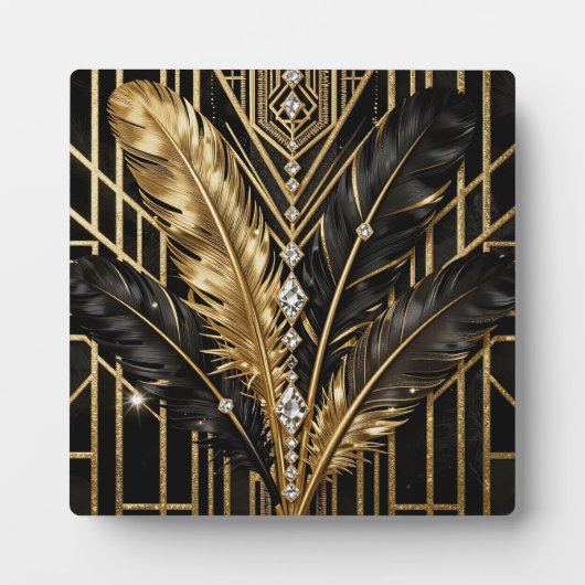 Art Deco Schwarz Gold Federn Fotoplatte (Vorderseite)