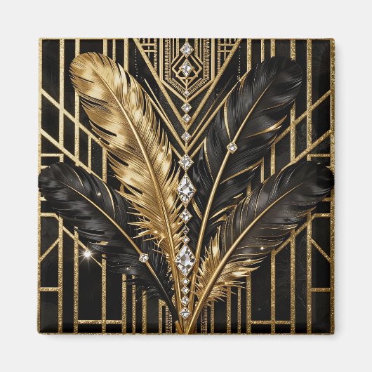 Art Deco Schwarz Gold Federn Magnet (Vorne)