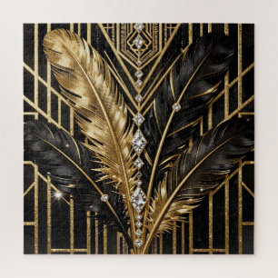 Art Deco Schwarz Gold Federn Puzzle