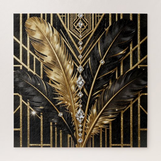 Art Deco Schwarz Gold Federn Puzzle (Vertikal)