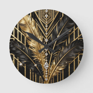 Art Deco Schwarz Gold Federn Runde Wanduhr