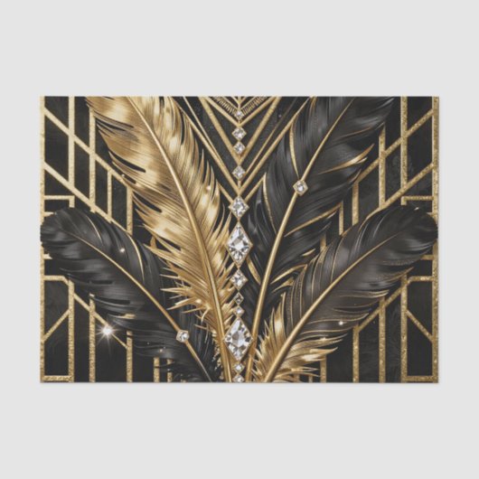 Art Deco Schwarz Gold Federn Seidenpapier (Vorderseite)