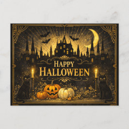 Art Deco Schwarz Gold Halloween Feiertagspostkarte