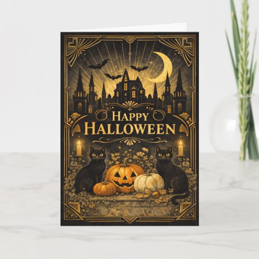 Art Deco Schwarz Gold Halloween Karte (Vorderseite)