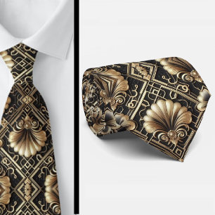Art Deco Schwarz-Gold-Muschel-Muster Krawatte
