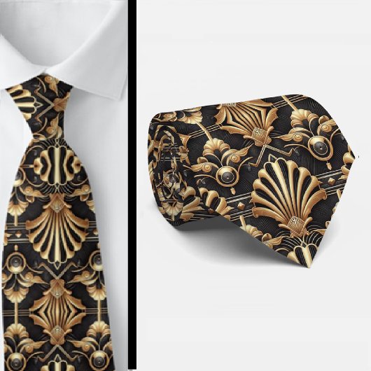 Art Deco Schwarz-Gold-Muschel-Muster Krawatte