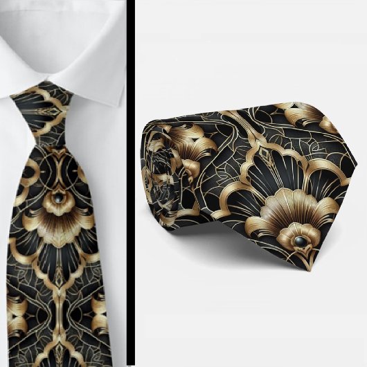 Art Deco Schwarz-Gold-Muschel-Muster Krawatte