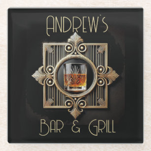 Art Deco, Schwarz & Gold Whiskey-Logo Bar & Grill Glasuntersetzer