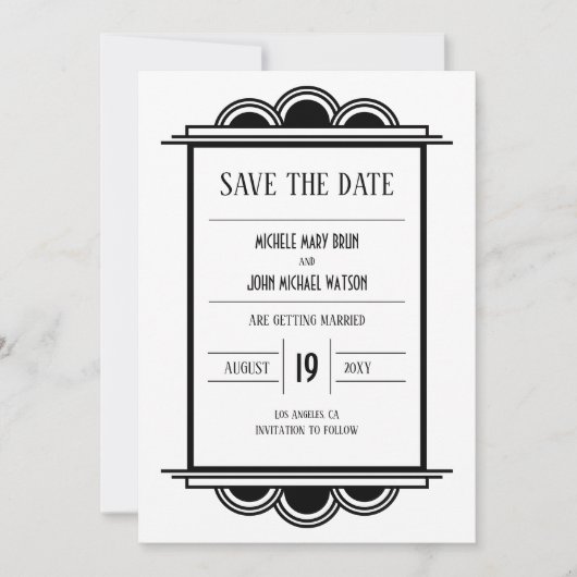 Art Deco Schwarz Rahmen Weiße Save the Date Karte (Vorderseite)