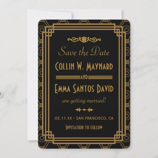 Art Deco Schwarz Save The Dates Date (Vorderseite)