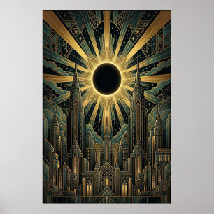 Art Deco Schwarz Sonnenstadt-Plakat   Gold Türkis Poster
