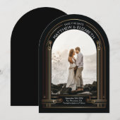 Art Deco Schwarz und Bronze Bogen Save-the-Date Einladung (Vorne/Hinten)