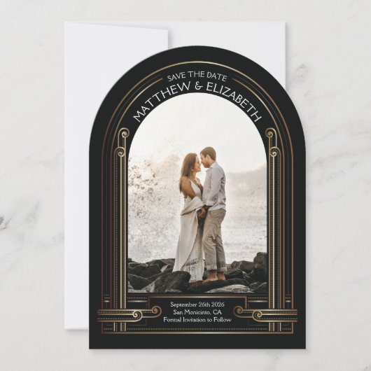 Art Deco Schwarz und Bronze Bogen Save-the-Date Einladung (Vorderseite)