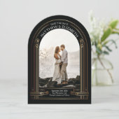 Art Deco Schwarz und Bronze Bogen Save-the-Date Einladung (Stehend Vorderseite)
