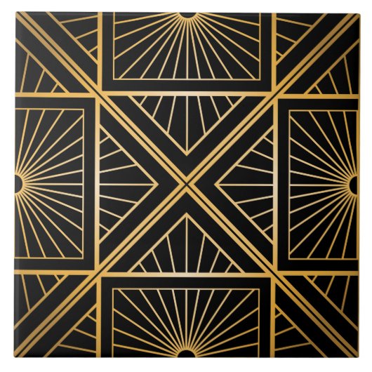 Art Deco Schwarz und Gold Abstrakt Geometrisch Fliese (Vorderseite)