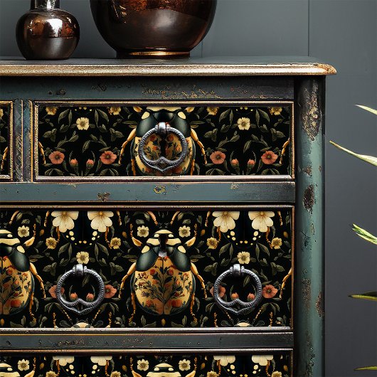 Art Deco Schwarz und Gold Blumenkäfermuster Seidenpapier