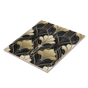 Art Deco Schwarz und Gold Blumenmuster Fliese