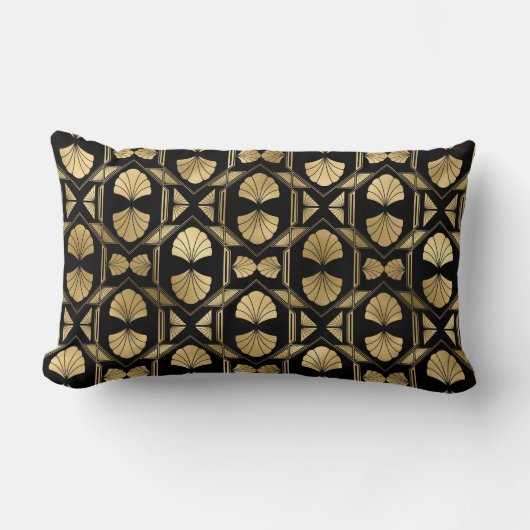 Art Deco Schwarz und Gold Fan Lumbar Pillow Lendenkissen (Vorderseite)