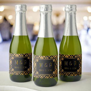 Art Deco Schwarz und Gold Hochzeit Mini Wine Label Schaumweinetikett