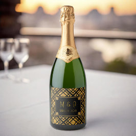 Art Deco Schwarz und Gold Hochzeit Weinflaschen Et Schaumweinetikett