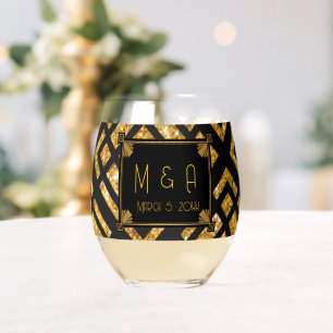 Art Deco Schwarz und Gold Hochzeit Weinglas Ohne Stiel