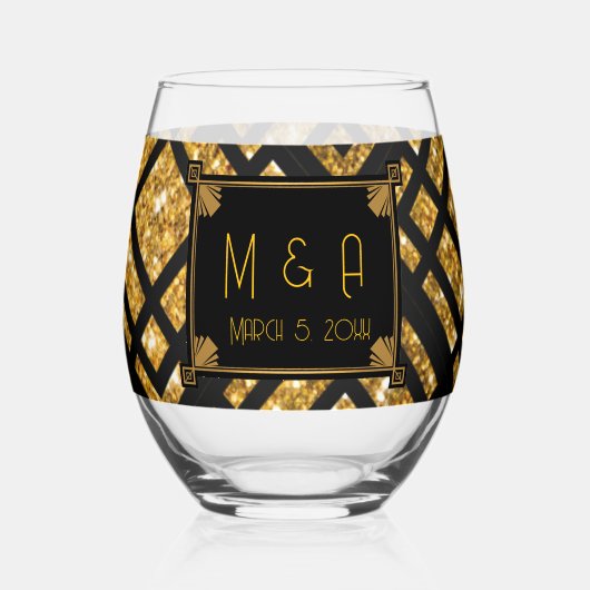 Art Deco Schwarz und Gold Hochzeit Weinglas Weinglas Ohne Stiel (Rückseite)