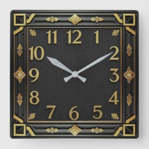 Art Deco Schwarz und Gold Quadratische Wanduhr