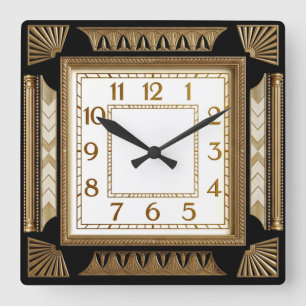 Art Deco Schwarz und Gold Quadratische Wanduhr