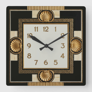 Art Deco Schwarz und Gold Quadratische Wanduhr