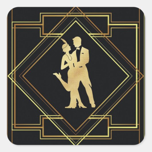 Art Deco schwarz und gold roaring zwanziger Flappe Quadratischer Aufkleber (Vorderseite)