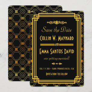 Art Deco Schwarz und Gold Save The Date Einladung