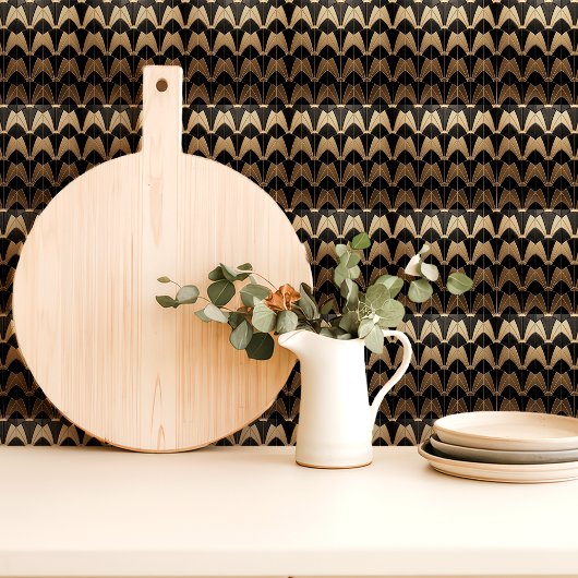 Art Deco Schwarz und Gold Scallop Muster Fliese