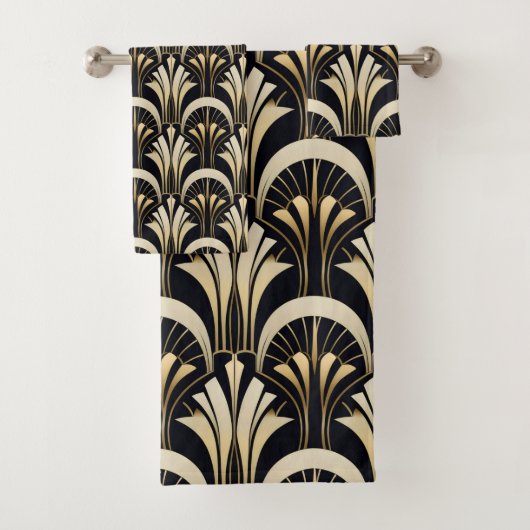 Art Deco Schwarz und Gold symmetrisch Badhandtuch Set (Insitu)