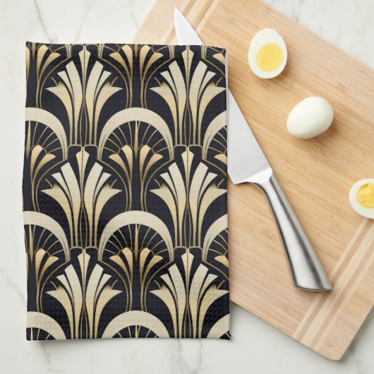 Art Deco Schwarz und Gold symmetrisch Geschirrtuch (Viertel Falte)