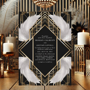 Art Deco Schwarz und Goldene Feder Hochzeit Einladung