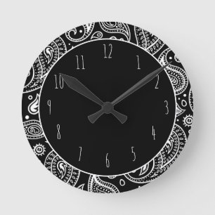 Art Deco Schwarz-Weiß-Blumen-Paisley-Muster Runde Wanduhr