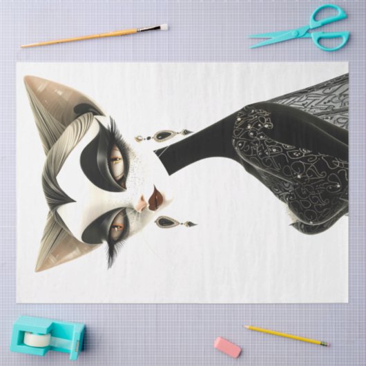 Art Deco Schwarz-weiß Feline Decoupage Seidenpapier (Basteln)