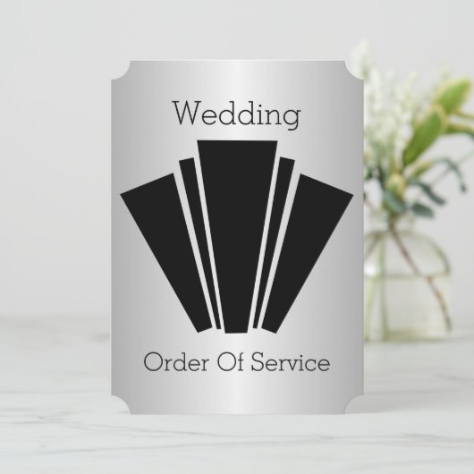 Art Deco Schwarz-Weiß-Silber-Hochzeitsprogramm Einladung (Stehend Vorderseite)